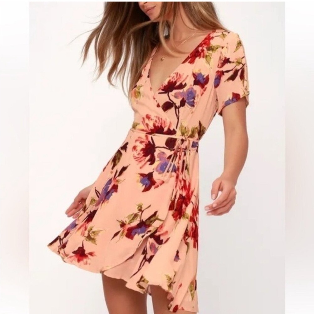 LULUS Cherished Love Blush Pink Floral Print Wrap Dress SIZE M MEDIUM